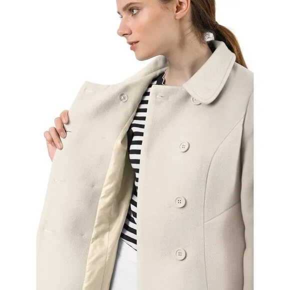 Women's Beige Peter Pan Collar Double Breasted Winter Long Trench Pea Coat - Picture 7 of 8
